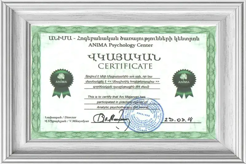 «Անալիտիկ հոգեթերապիա» գործնական դասընթաց (64 ժամ), «ԱՆԻՄԱ» հոգեբանական ծառայությունների կենտրոն